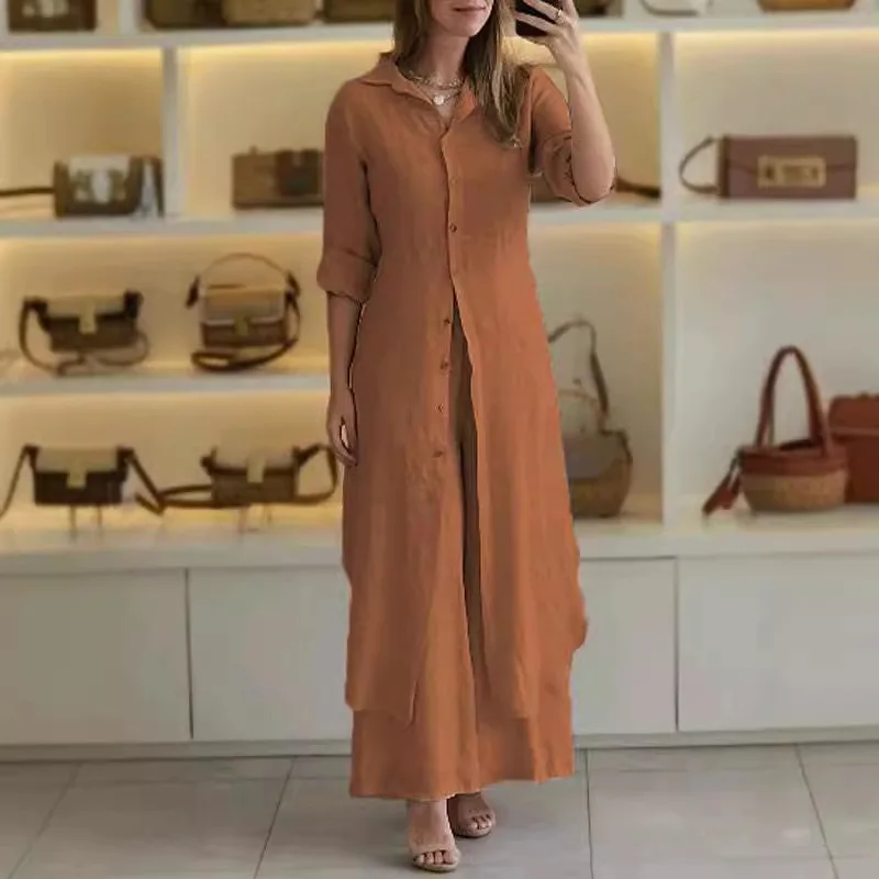 Cotton Linen Women Blouse Dress Suits Casual