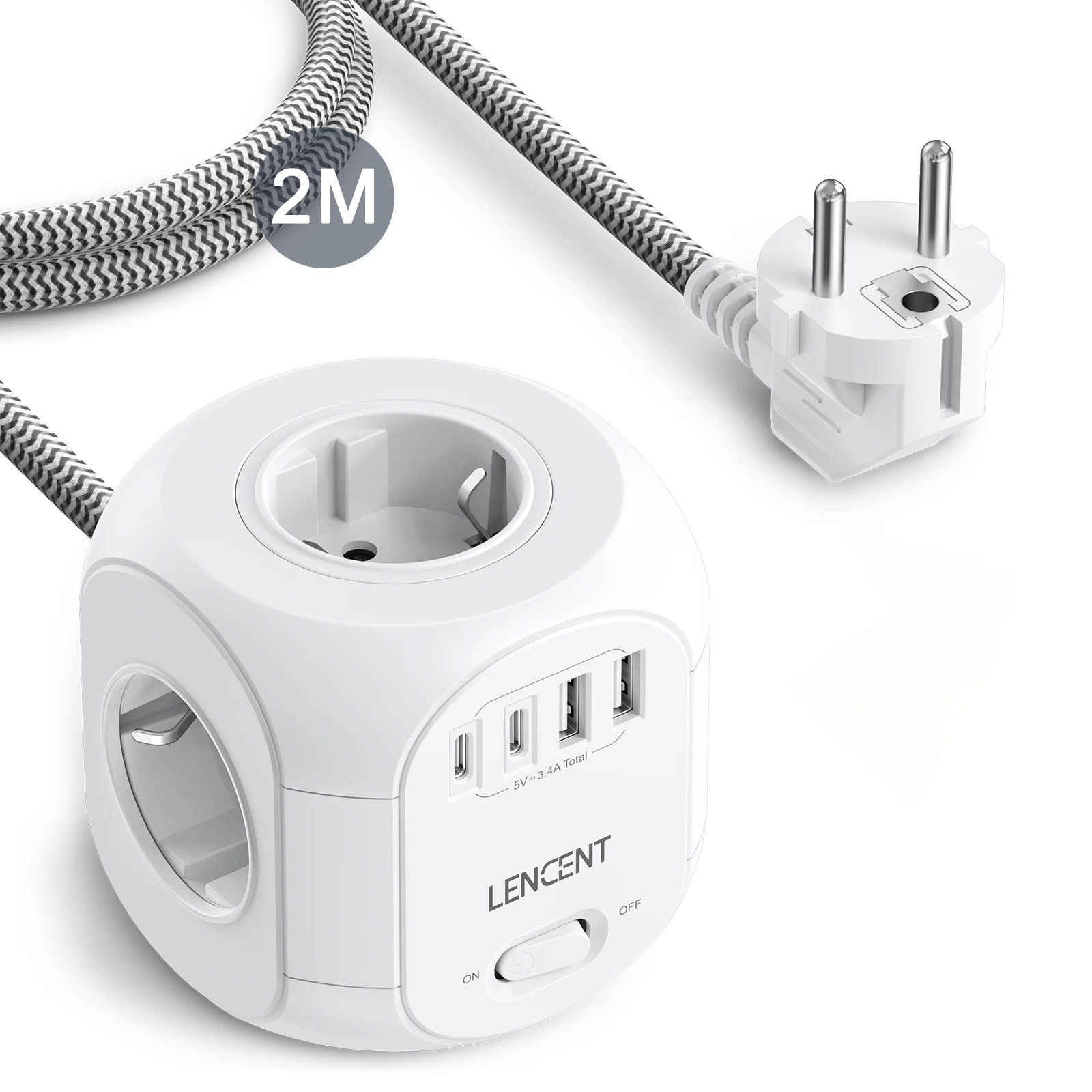 Compact Power Strip with 4 Outlets & USB Ports, Braided Cable, and Switch