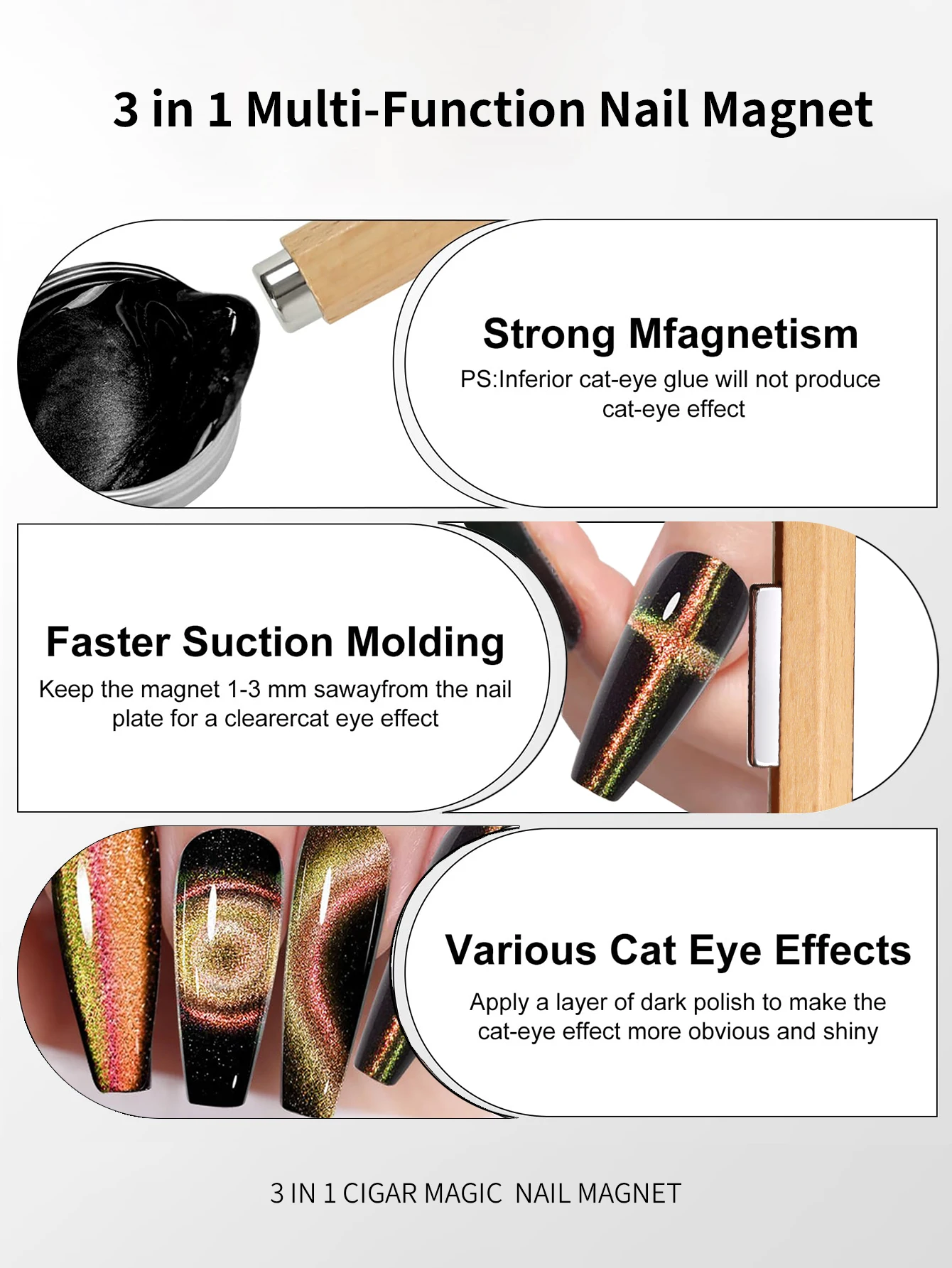 3 In 1 Nail Magnet, Cat Eye Gel Nail Polish Magnet with Octagonal Mahogany Shell Protective Cover for Cat Eye Art Design