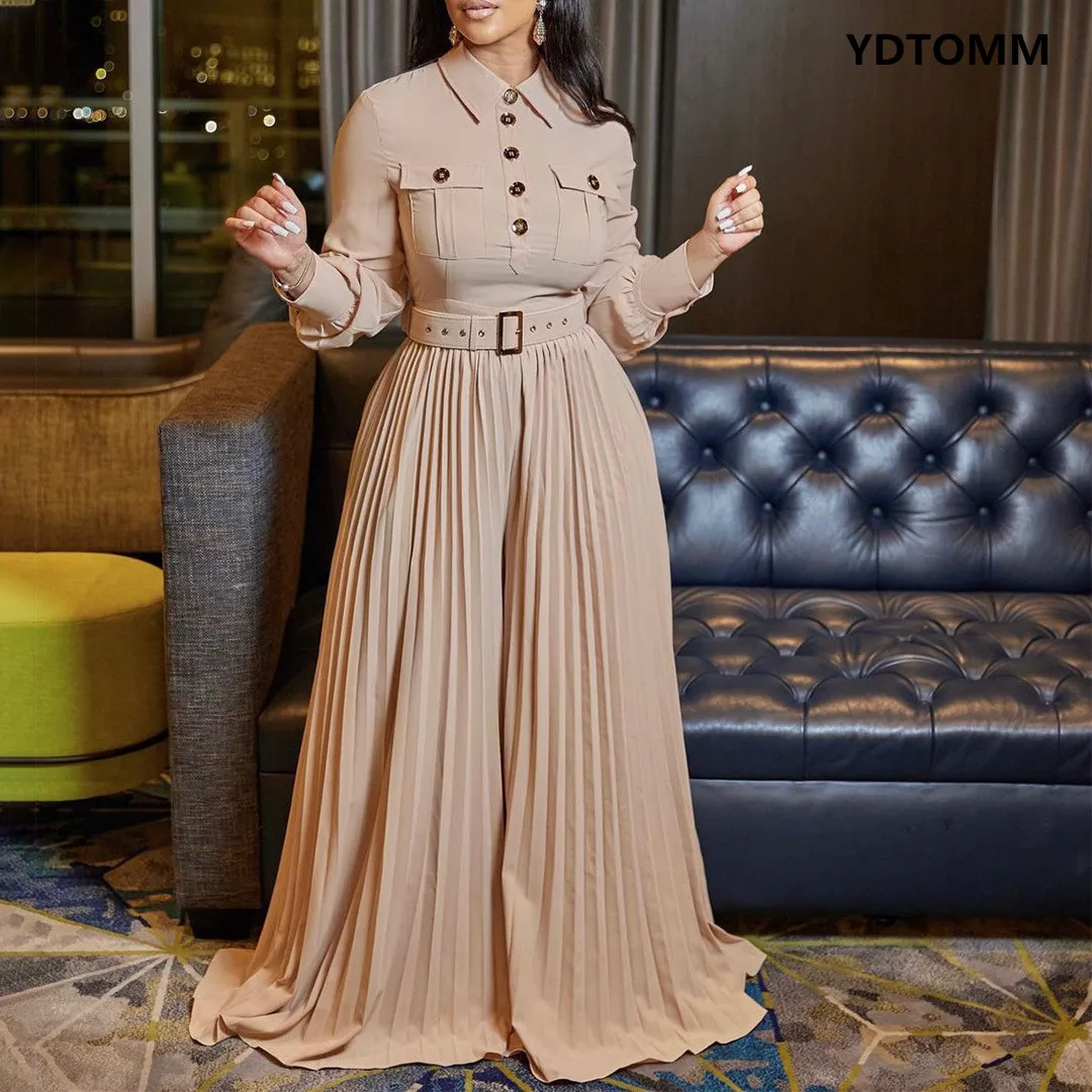 2023 Autumn Plus Size Elegant Jumpsuit For Women Belt Blouse One Piece Outfit Female Buttone Up Pleated Designer Wide Leg Pants