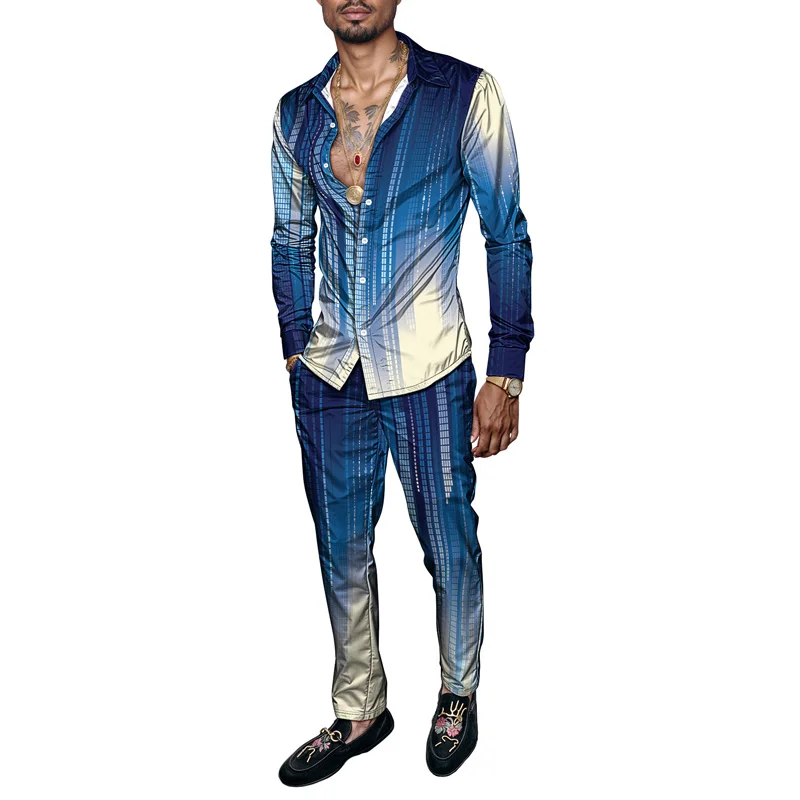 2025 New Arrival Men Shirt Set Geometry Print Summer Fashion Simple Two Piece Set Mens Gradient Lightweight Party Long Sleeves_voghion.com