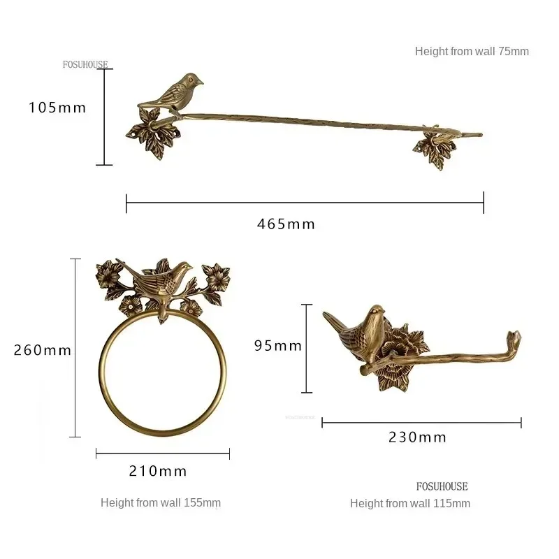 European All-copper Bird Hanging Rod Bathroom Wall Decoration Design Luxury Retro Bathroom Hanging Rod Towel Ring for HotelN