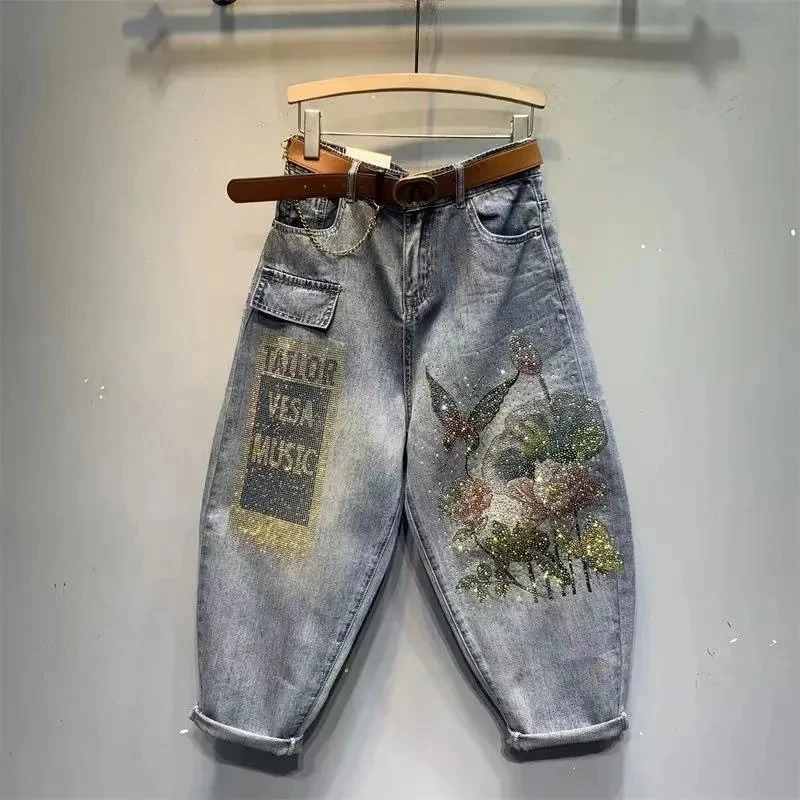 

European 2023 Spring Summer New Lady Printed Diamond Denim Harem Pants Women Clothes Fashion Streetwear Female High Waist Jeans