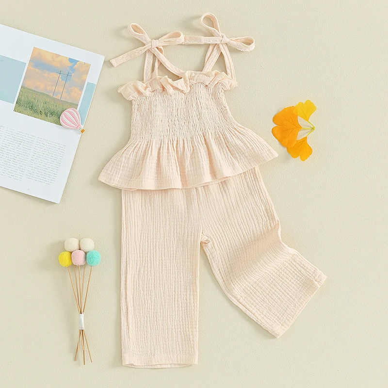 

Летняя одежда из 2 предметов для маленьких девочек, однотонный хлопковый льняной наряд, плиссированная майка без рукавов, комплект с широкими штанинами