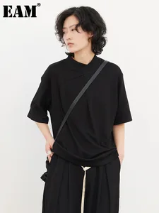 [EAM] Women Black Asymmetric Brief Big Size Casual T-shirt New Stand Collar Half Sleeve Fashion Tide Spring Summer 2024 1DH0090