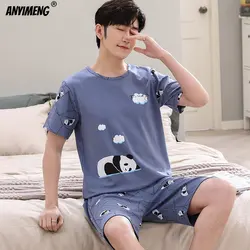 Plus Size L-4XL Men's Pajamas Sets Knitted Cotton Summer Shorts Loose Pijamas for Men Fashion Mens Sleepwear Cartoon Homewear
