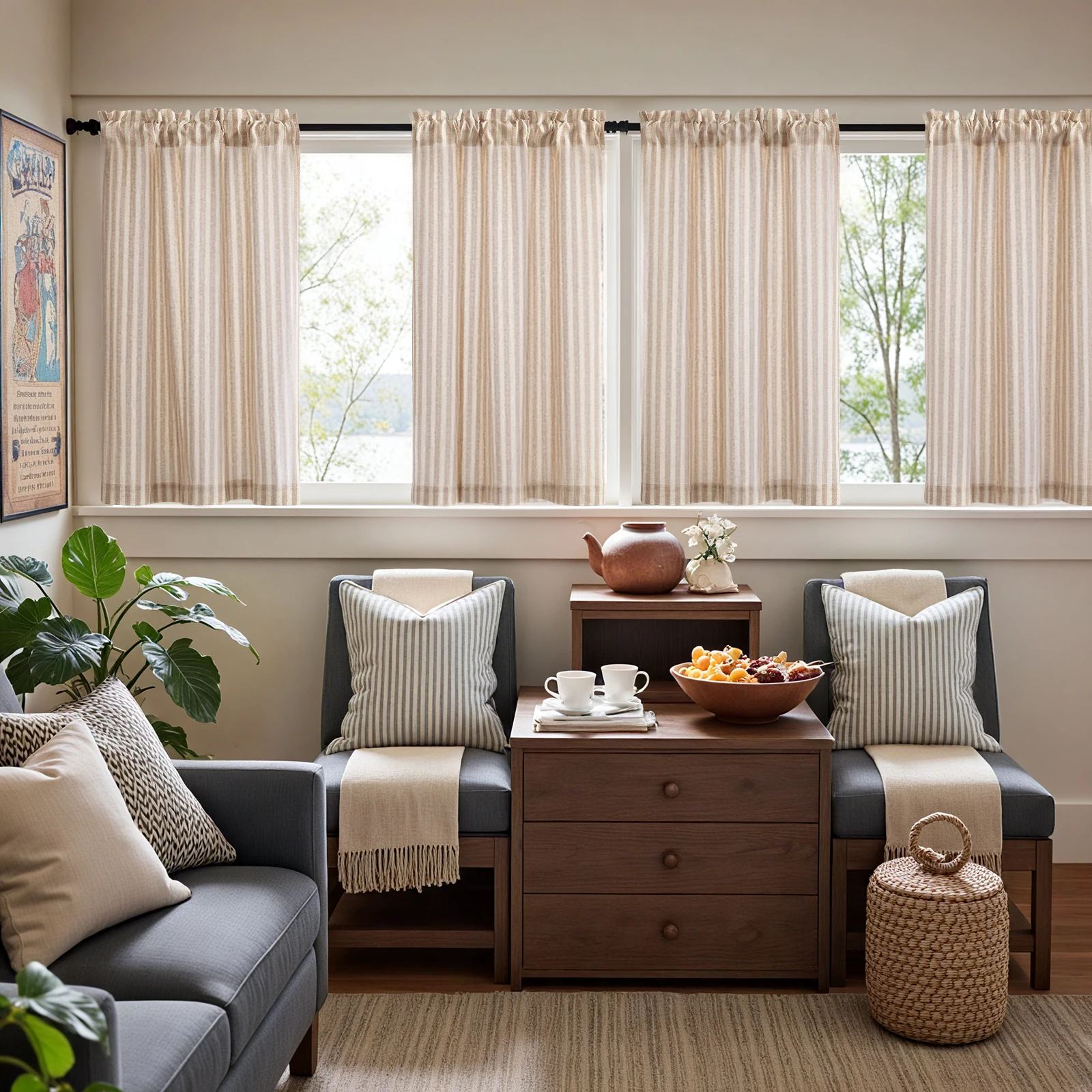 Window Curtains Decor Curtains Cotton And Linen Curtains JINCHAN 2 Panels Linen Kitchen Curtains Japanese Striped Short Cover Curtains Rod Pocket Home Interior Shade Window Drapes Cafe