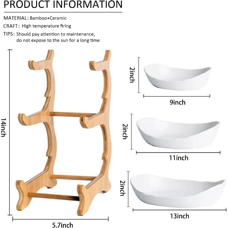 3 Tier Ceramic Fruit Bowl With Bamboo Wood Stand for Kitchen Counter,Porcelain Fruit Basket for Fruit Storage,Snack Dessert 4