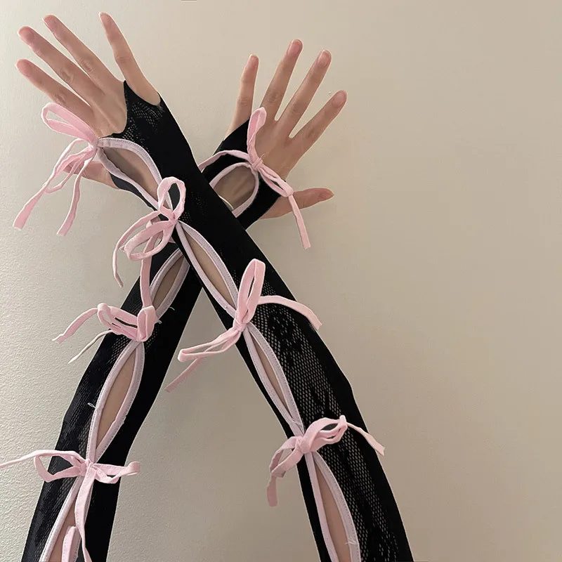 Y2K Lace Hollow Out Bow Shawl Sleeves Fingerless Gloves Lolita Jk Ballet Sunscreen Sleeve Elastic Hand Sleeve Punk Arm Cuff fingerless gloves,arm sleeves
