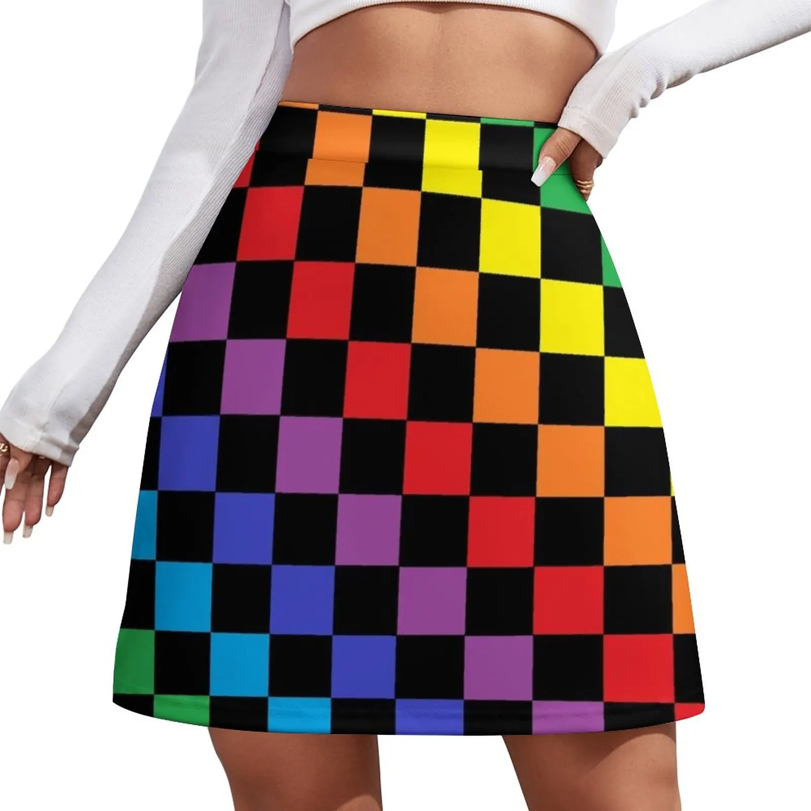 Checkered Rainbow Black Mini Skirt skirts mini skirt Short women′s skirts women clothes autumn ttb cardigan black and white checkered sweater four bars sweater chequered asymmetrical tb neck men sweater coat