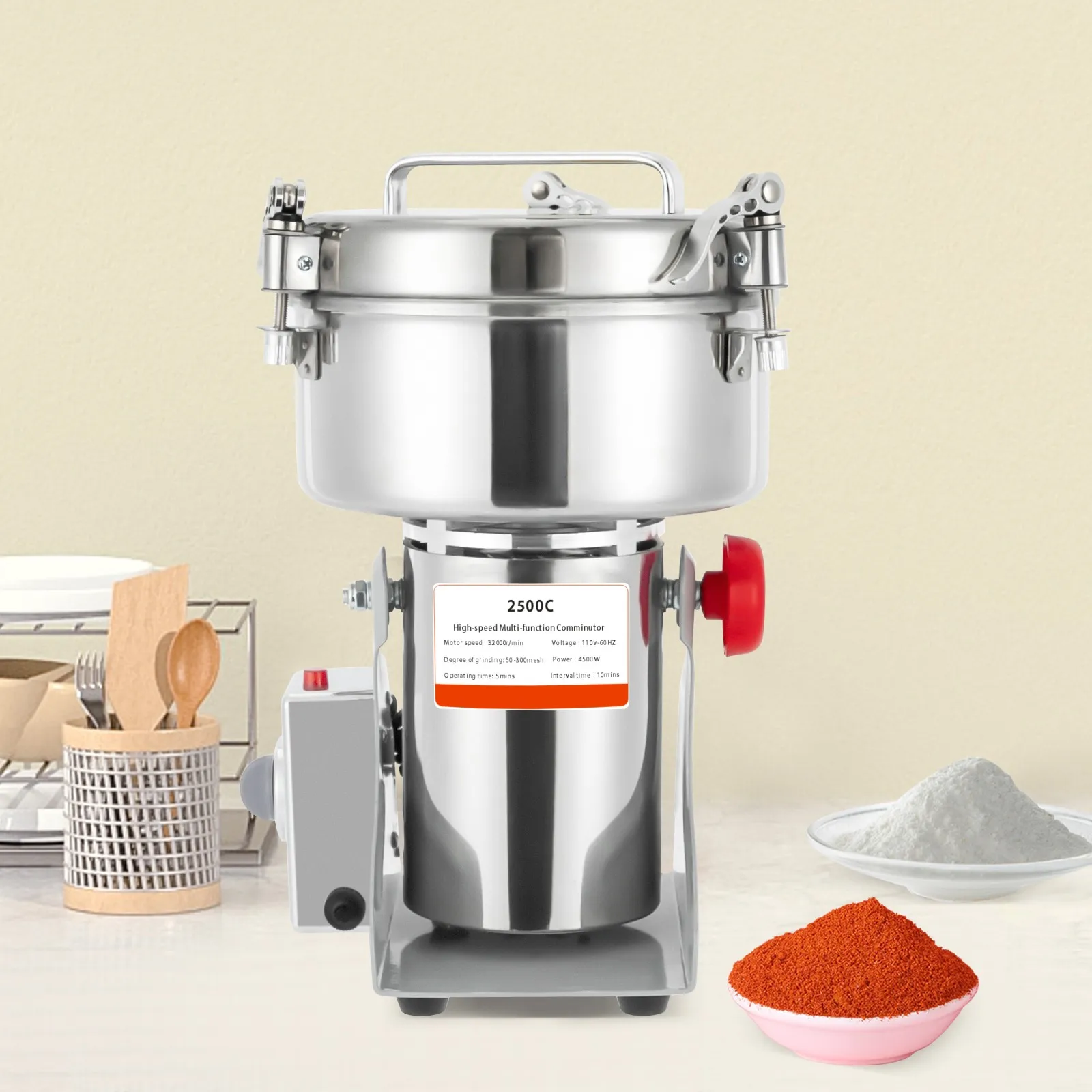 Commercial Spice Grinder 4500W Electric Grain Mill 32000RPM 2500g Capacity for Grains Spices Coffee Beans