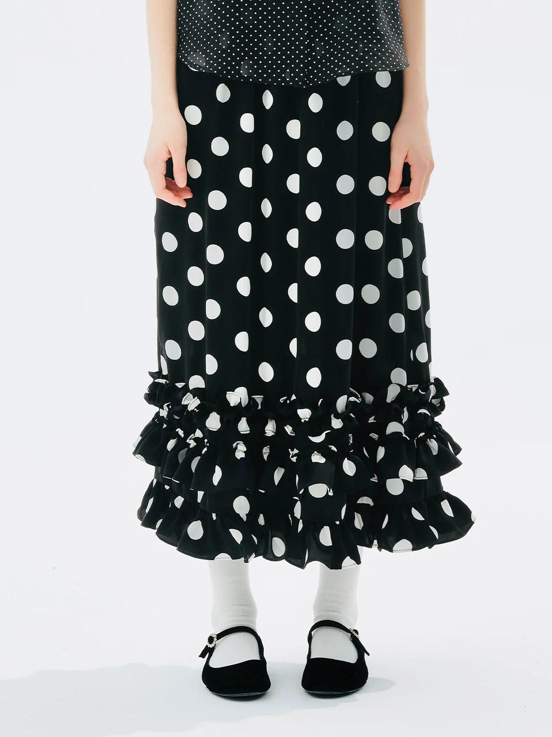 imakokoni original design polka dot skirt Black lace match elastic waist casual skirt women 234193