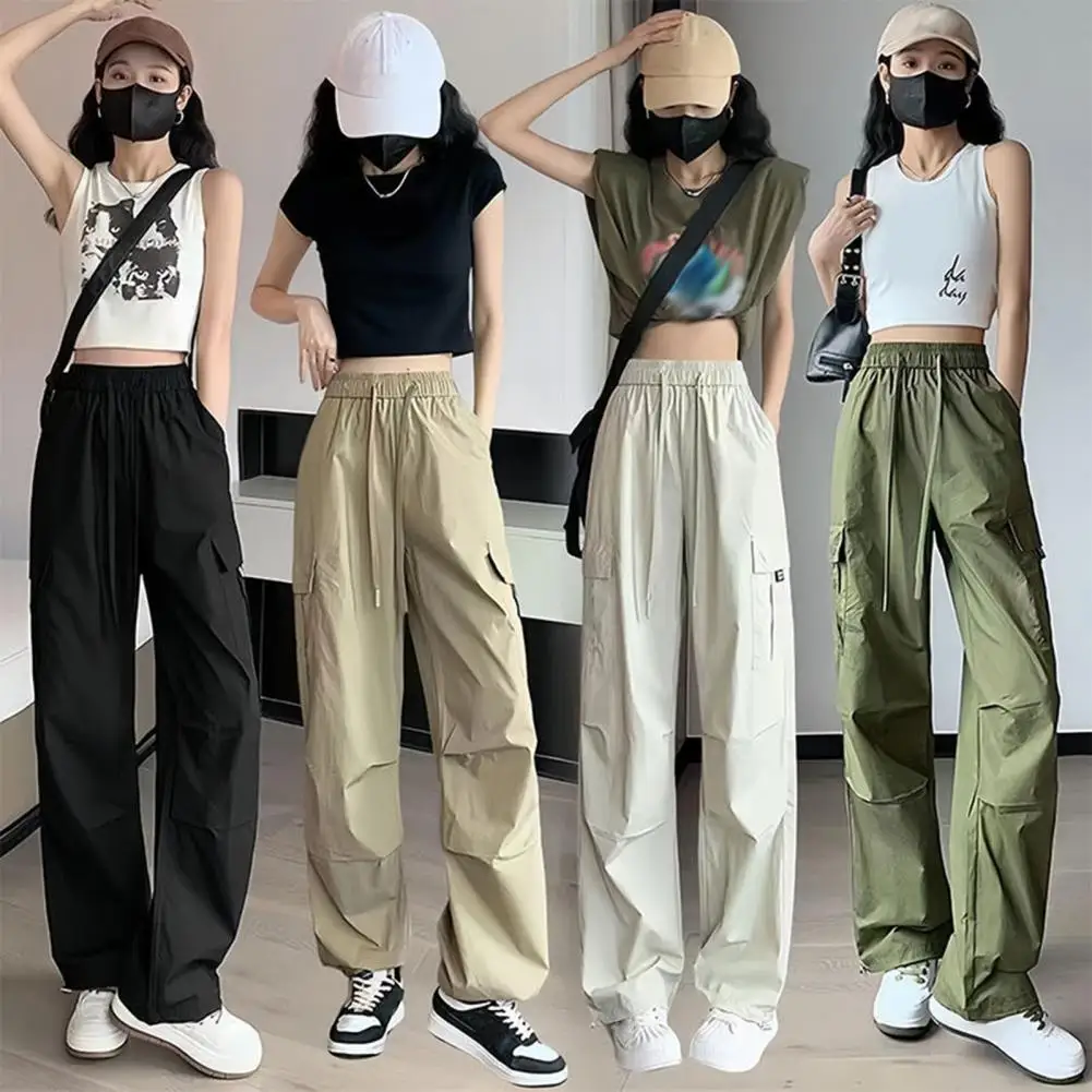

Elegant Loose-fit Pants Comfortable Wide Leg Cargo Pants for Women Elastic Waist Trousers for Wear Stylish Straight Leg Cargo