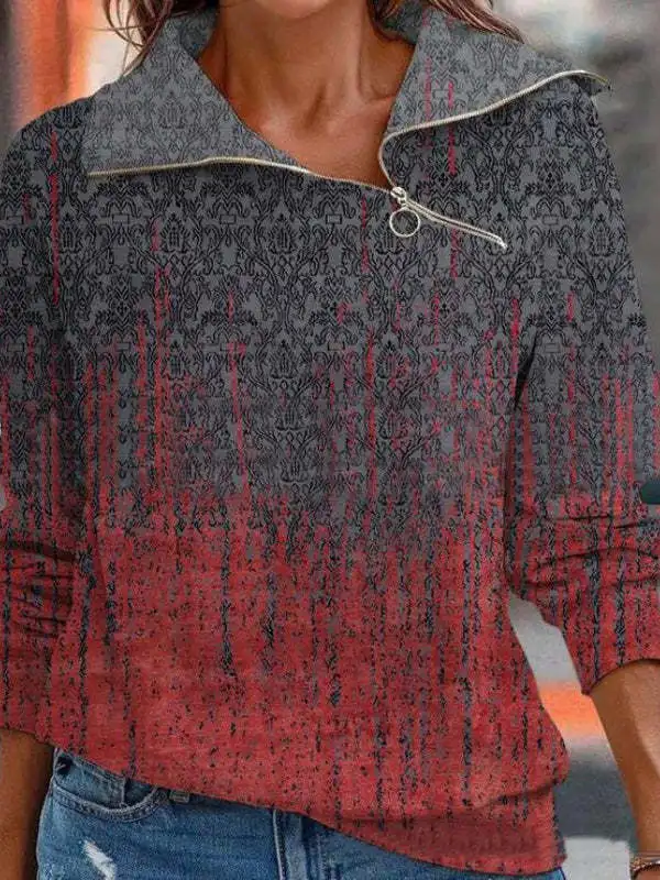 

2023 Autumn/Winter New Women's Digital Printing Zipper Slant Neck Loose Long Sleeve Sweater