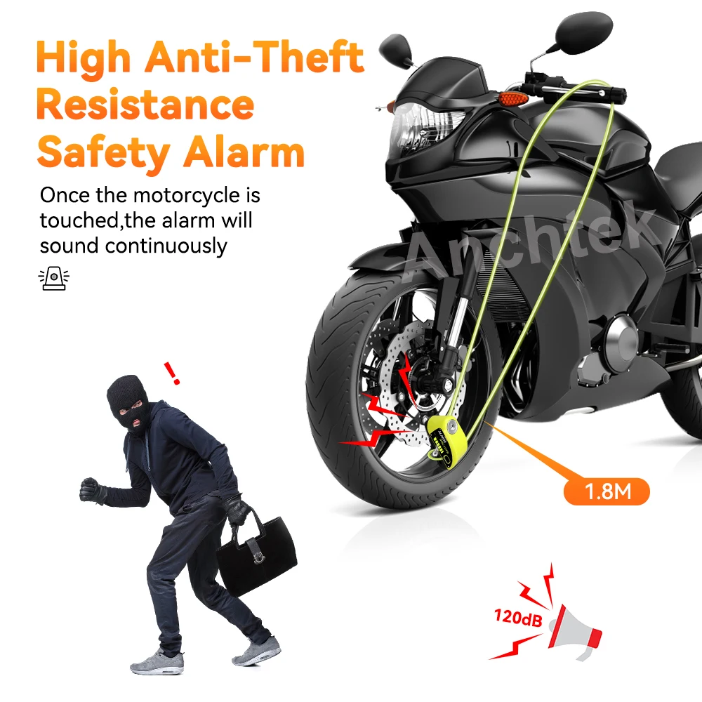 Anchtek Rechargeable Padlock Motorcycle Alarm Wheel Disk Brake Lock 120db Security Moto Padlock Anti Theft Alarma Motocicleta