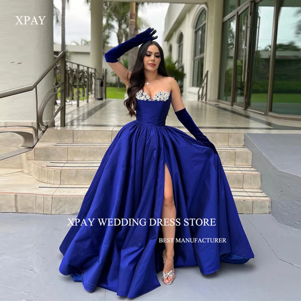 

XPAY Modern Blue A Line Evening Dresses Dubai Arabic Women Sweetheart Split Taffeta Prom Gowns With Gloves Party Occasion Dress