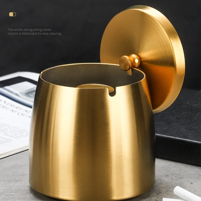 Thickened Stainless Steel Desktop Ashtray With Lid Smokeless Heightened Windproof Ashtray For Office Home Decor