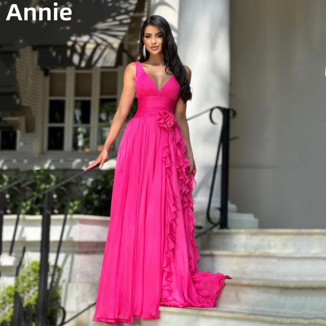 

Annie Hot Pink Prom Dresses V-neck Ruffle Evening Dresses 2024Vestidos De Fiesta A-shaped Formal Occasions Party Dresses