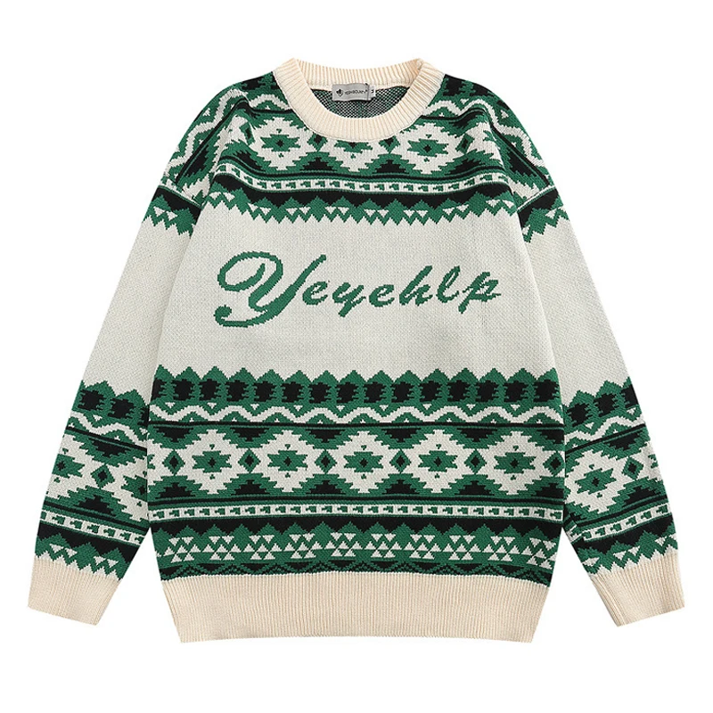 

Vintage Contrast Print Knitted Jumper Men Women Autumn Winter Oversized Hip Hop Pullover Male Japan Harajuku Streetwear Sweaters