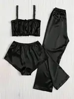 Black Color Pleated Satin Pajamas Set Including Camisole Shorts And Long Pants Silk Women Sexy Sleepwear Summer Lingerie Bra - Image 6