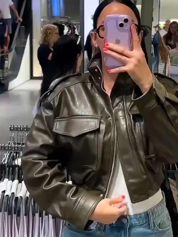 HH Women Vintage Solid Faux Leather Jacket Turtleneck Long Sleeve Zipper Pu Leather Jackets Coats With Pocket Autumn Outerwear