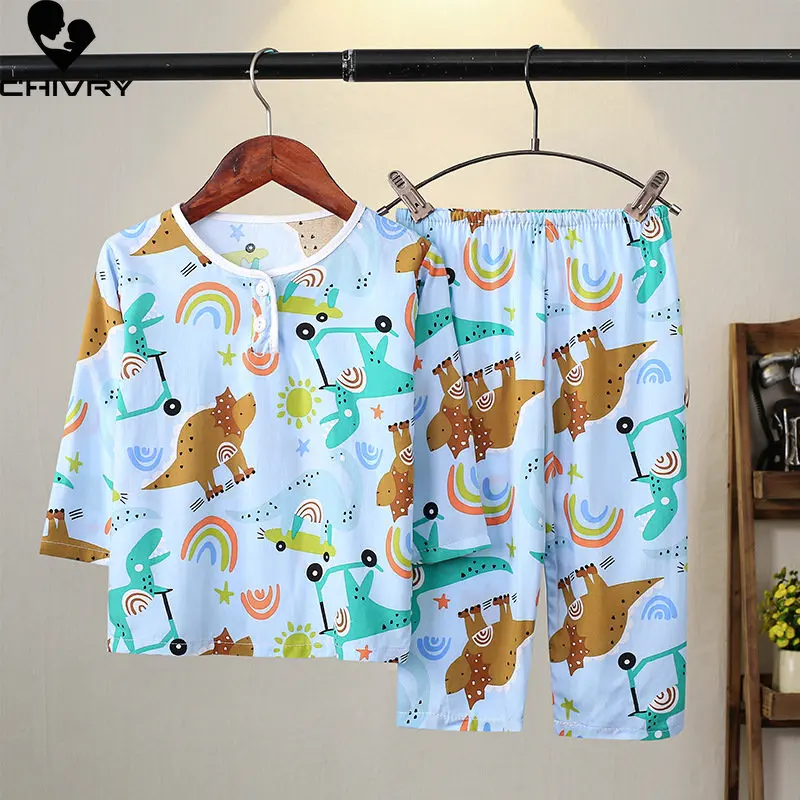 New Kids Summer Thin Pajamas Sleepwear Boys Girls Cartoon Long Sleeve Cute T-Shirt Tops with Pants Baby Sleeping Clothes Sets