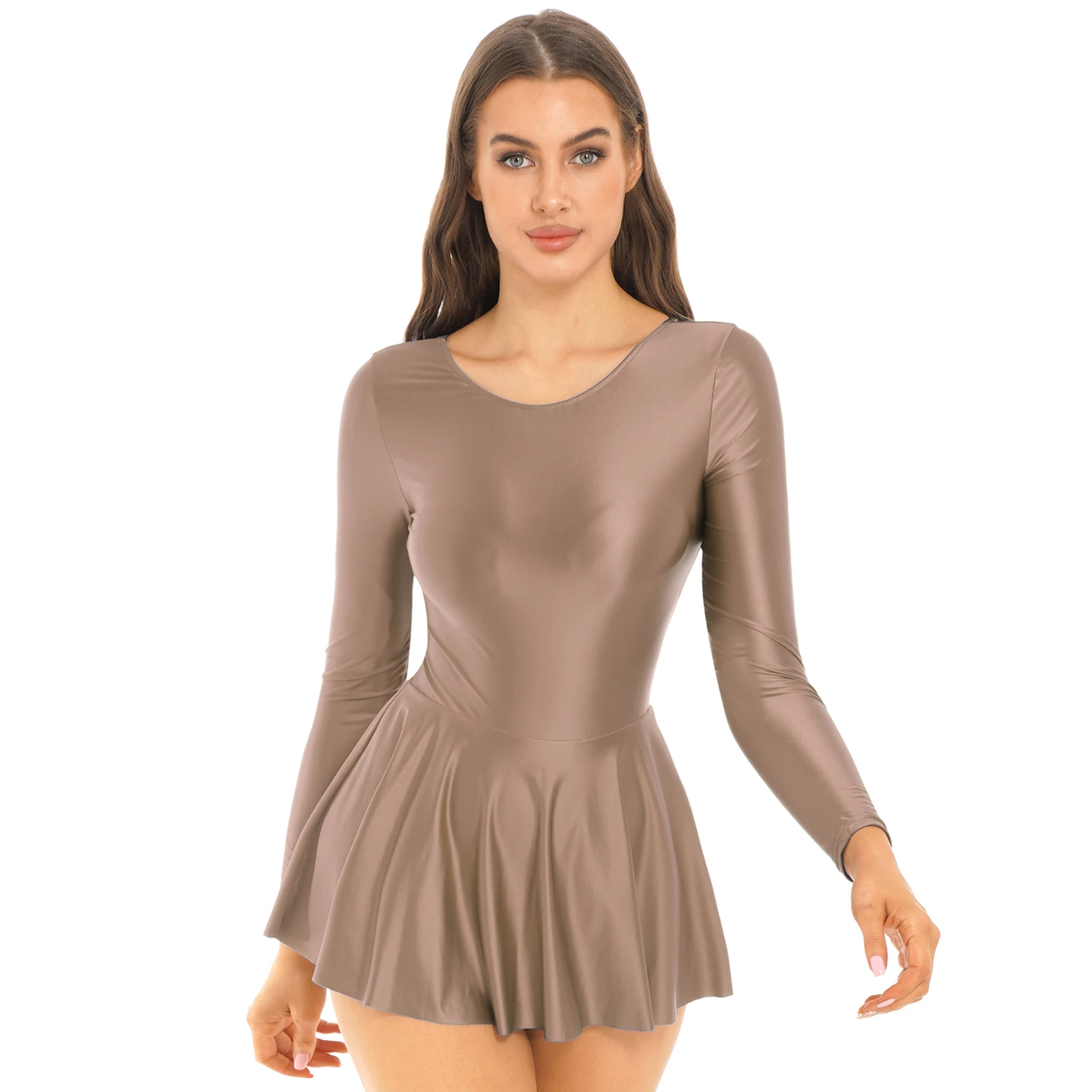 

Womens Solid Color Glossy Long Sleeve Ruffled Dress Round Neck Leotard Dresses Sports Dance Swimming Ballet Dress