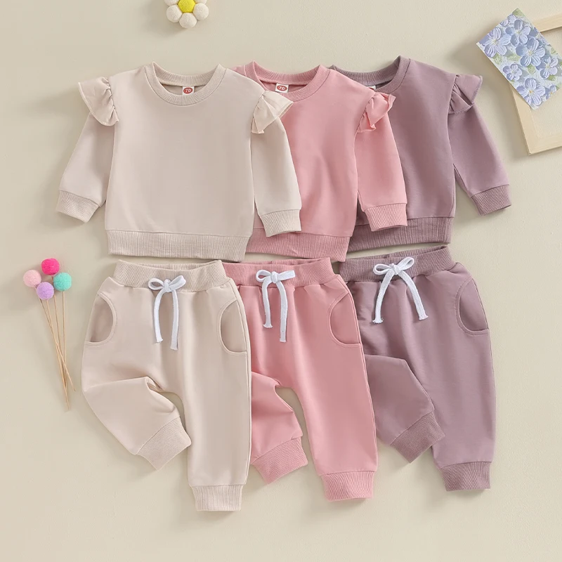 

0-24M Spring Autumn Newborn Baby Girls Clothing Sets Solid Ruffles Long Sleeve O-neck Sweatshirts+Drawstring Pants Tracksuits