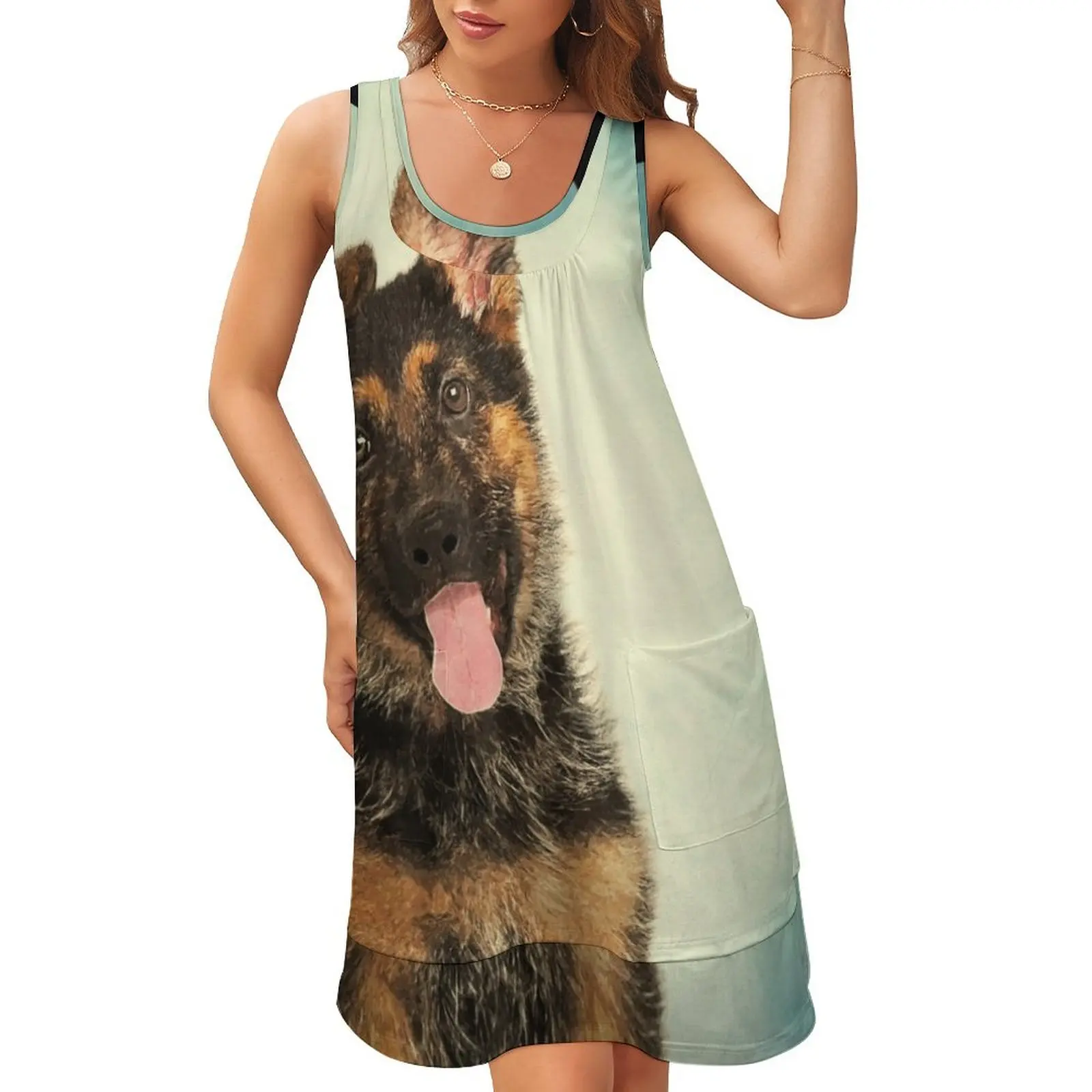 

German Shepherd Puppy Portrait Sleeveless U-Neck Fake Two Piece Dress women evening dress summer clothes for women