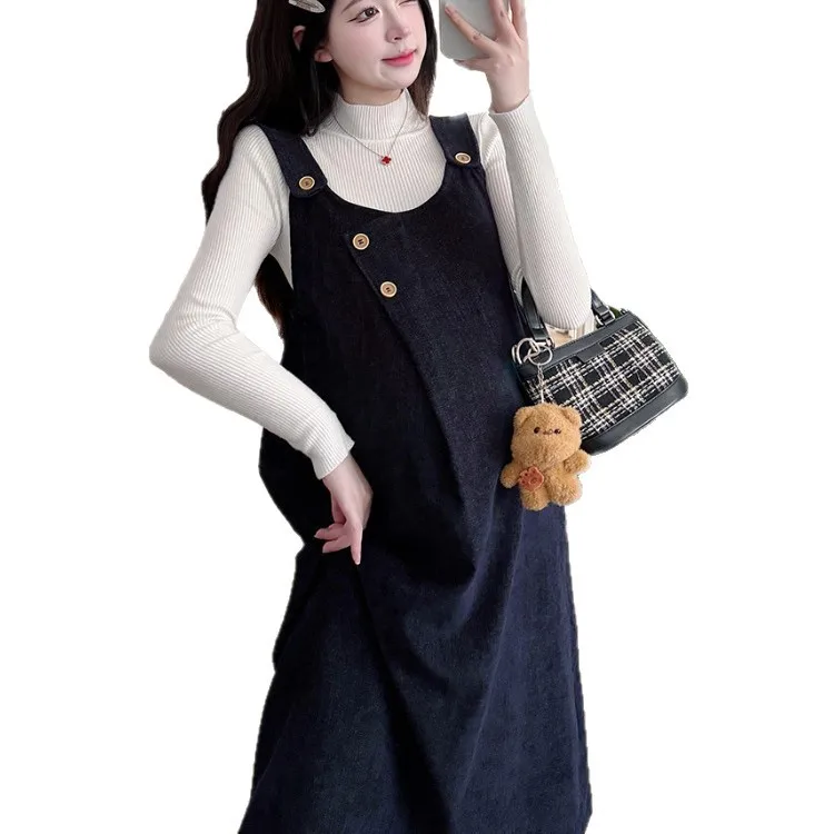 임부복 가을 신상 부드러운 예술적 미니멀리스트 다용도 화이트 터틀넥 기본 탑과 민소매 드레스 투피스 세트