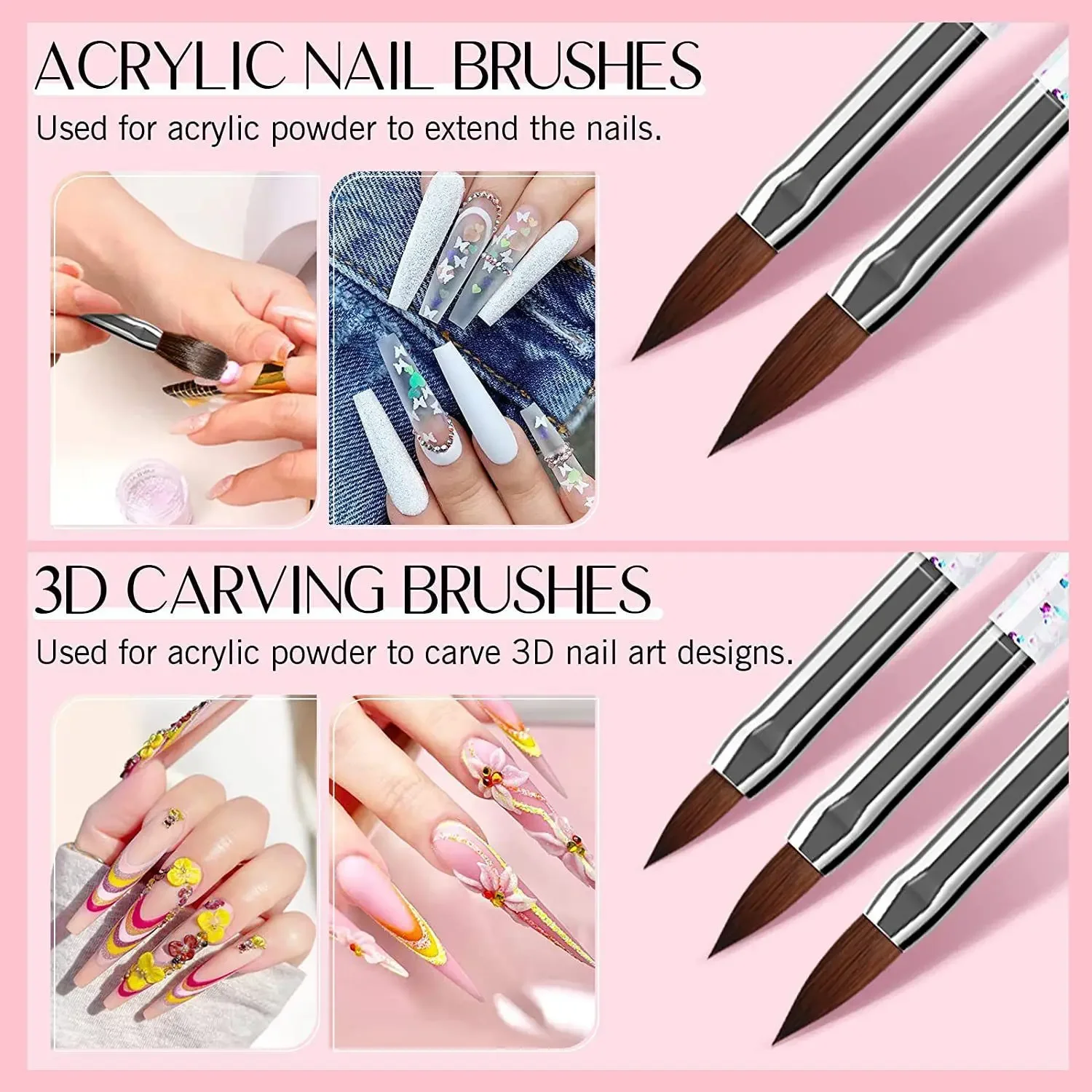 Nail Art Brush Kit for nail painting, floral carving, gem placement, gel application, color blending, and line work. - 6