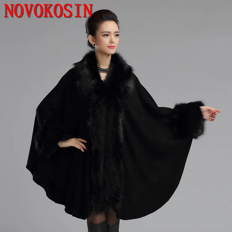 Winter New Oversize Women Knitted Cardigan Faux Cashmere Big Fox Fur Neck Cape Shawl Fashion Poncho Streetwear With Fur Sleeves