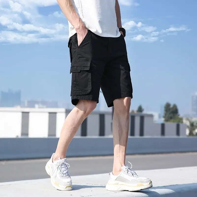 thumbnail image 1 of Pantalones cortos cargo para hombre con cordón ajustable, color caqui liso, elásticos, con bolsillo frontal, bermudas anchas de nailon de lujo para hombres grandes y altos, 1 of 5