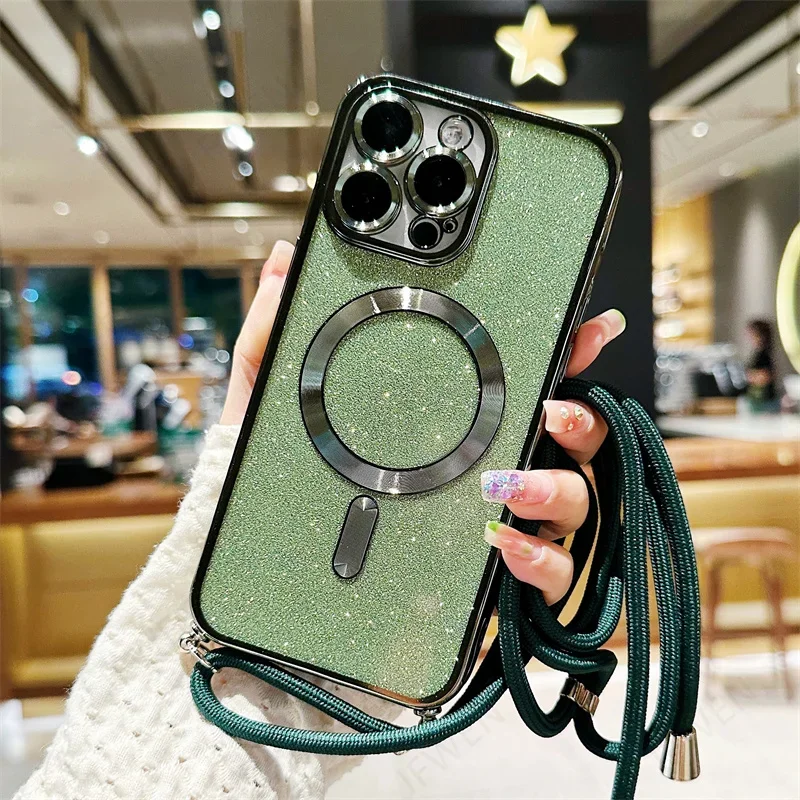 Sparkling Crossbody Lanyard Magnetic Phone Case with Electroplated Soft TPU Back Cover