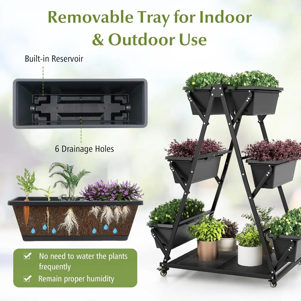 Plant Stand. 6-Tier Rolling Raised Garden Bed, Vertical Planter Stand on Wheels with 6 Garden Boxes, Storage Shelf