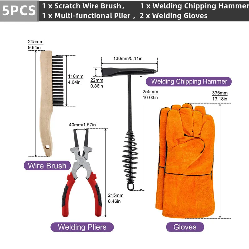 Welding Hammers Slag Scratch Wire Brush Welding Plier Slag Removal Tool Sets with Coil Spring Handle, Welding Gloves,Gauges