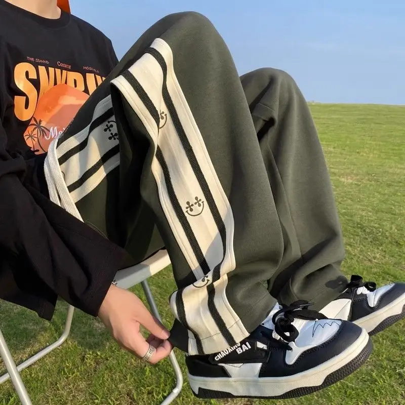 American Vintage Patchwork Contrasting Sports Pants Men's Autumn Print Drawstring Trend Versatile Loose Straight Casual Trousers