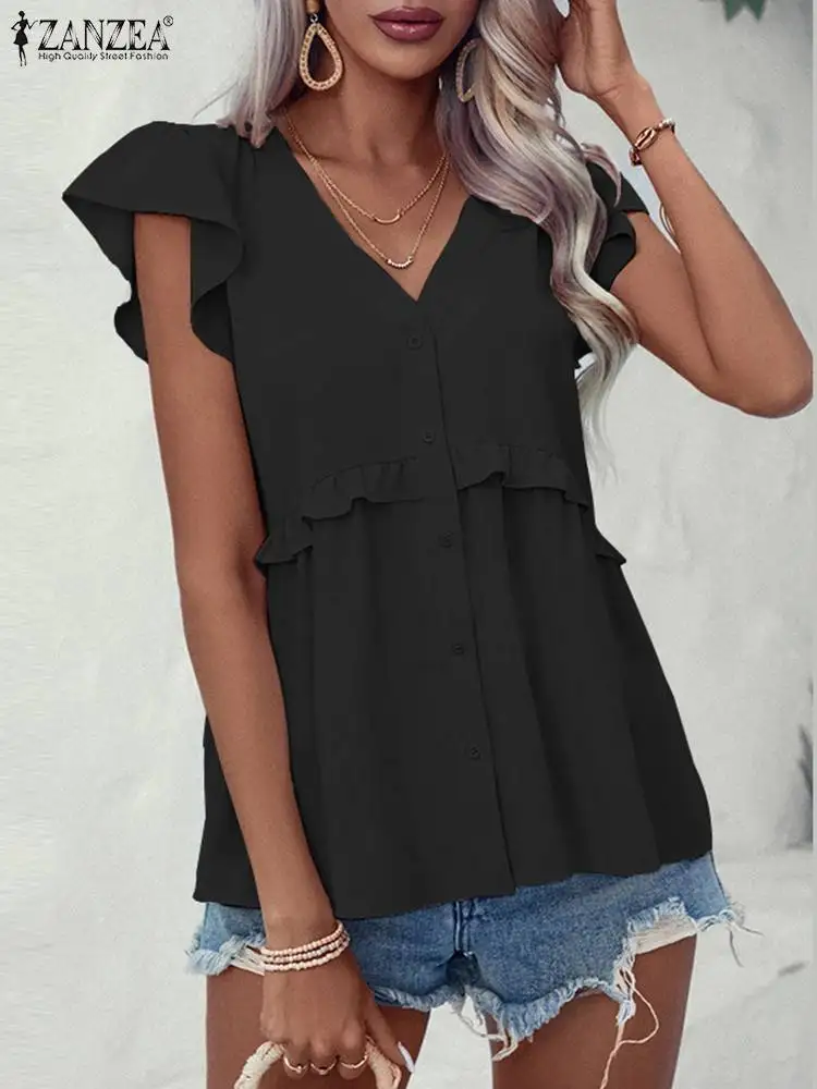 

Женская летняя свободная туника на пуговицах ZANZEA 2023, праздничные топы, модная рубашка с оборками, винтажная Блузка с V-образным вырезом и коротким рукавом