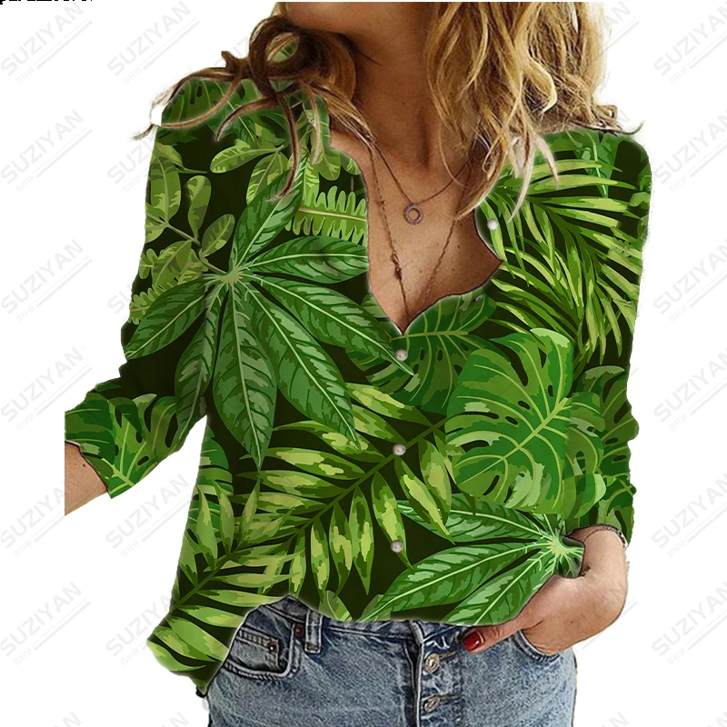 

New Women's Long Sleeve Shirt Personalized Leaf 3D Printing Loose and Comfortable Temperament Sexy Women's Large Chiffon Shirt