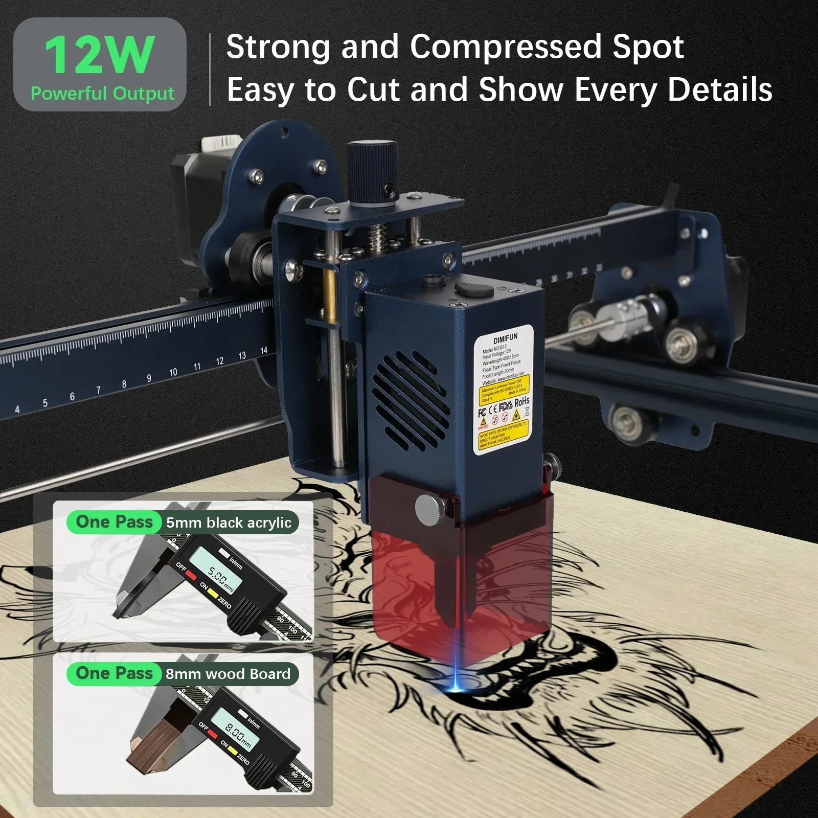 12W Laser Engraver Machine with GRBL APP Offline Control for Wood Engraving and Cutting