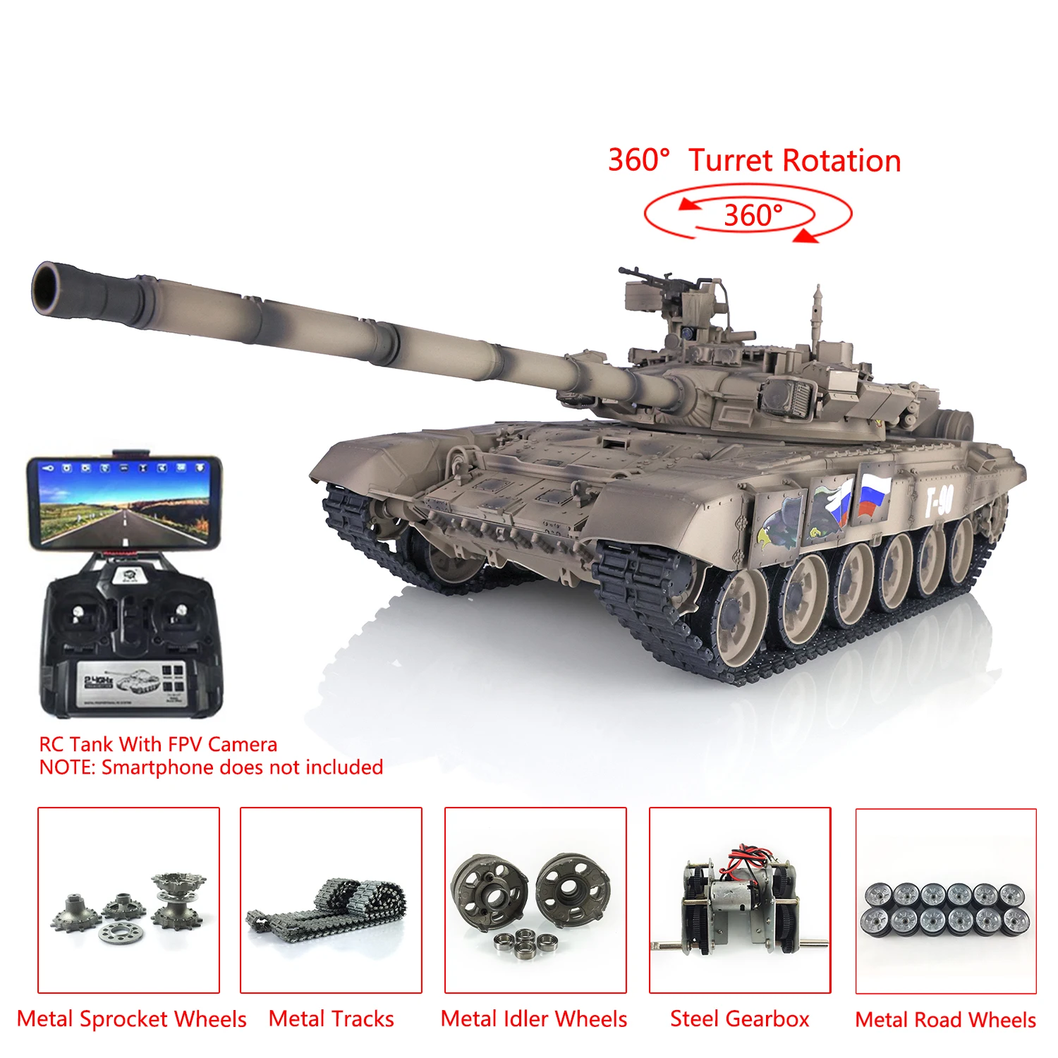 

Outdoor Gifts HENG LONG 1/16 7.0 FPV Customized Russia T90 RC Tank 3938 360° Turret Wheels Steel Gearbox Speaker BB TH17873-SMT4