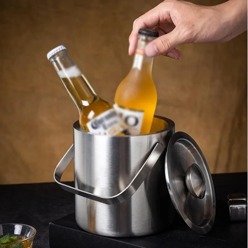 1300ML Stainless Steel Ice Bucket Double Wall Ice Bucket with Lid Insulated with Handle Champagne Beer Wine Cooling
