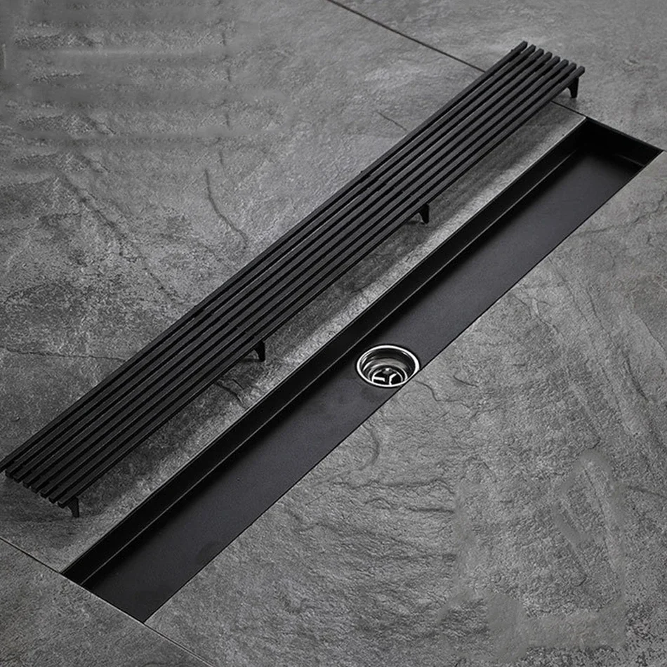 

Matte Black Floor Drain 304 Stainless Steel Stripe Rectangle Bathroom Shower 20-80cm Long Linear Drainage Side Floor Drains