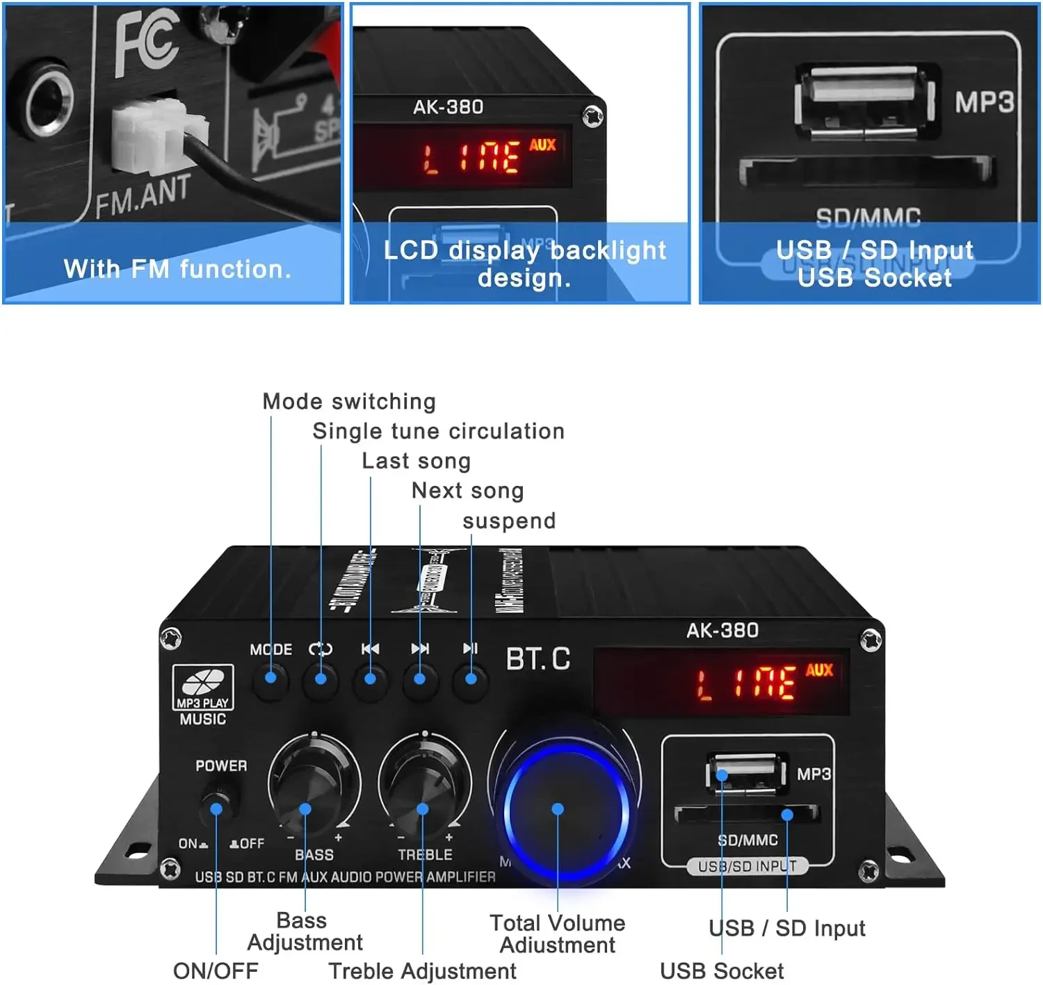 AK-380 블루투스 5.0 가정용 오디오 앰프, HIFI 2.0 채널 앰프, 지지대 USB AUX SD 카드 입력, 가정용 AV 시스템에 적합