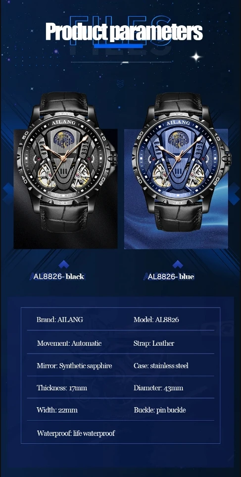 AILANG Herren Luxus Automatik-Mechanische Uhr mit Hohldesign, Doppel-Pendel, Fliehendem Schwungrad, Mondphase und Leuchtzeigern - Armbanduhr für Männer – Detail 6