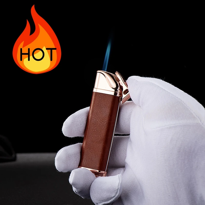 

Metal Windproof Leather Turbine Torch Blue Flame Butane Gas Lighter Outdoor Kitchen Barbecue Cigar Large Fire Lighter Men's Gift