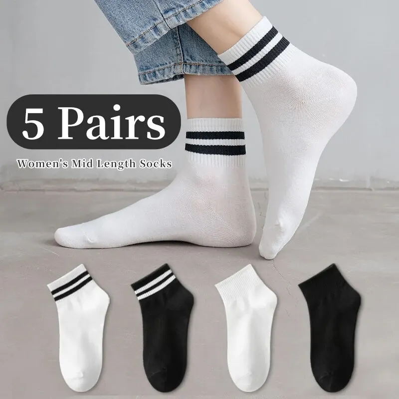 solid color socks 5 Pair Women's and Men's Unisex Spring/Summer Four Seasons Solid Color Business Stripes Simple Fashion Comfortable Socks