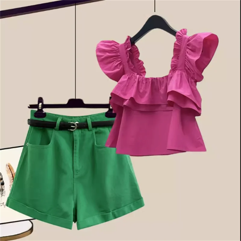 2024 Summer New Lotus Leaf Sleeves Pleated Camisole Vest Casual Denim Shorts Two-piece Elegant Women's Shorts Set