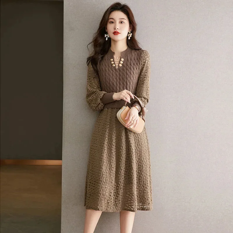 Autumn and Winter Woolen Dress New Women's Knitted Elegant Fashion Style Splicing Skirt Slim fit Medium length Dress for Outwear
