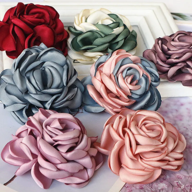5PCS/Lot 7.5CM Large Satin Fabric Artificial Rose Flowers For Hats Dress Clothing Decoration DIY Brooches Hair Accessories